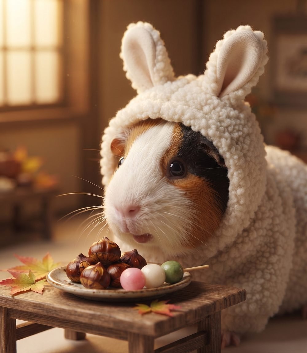 うさぎの着ぐるみのルルが、栗と三色団子の皿に顔を近づけている