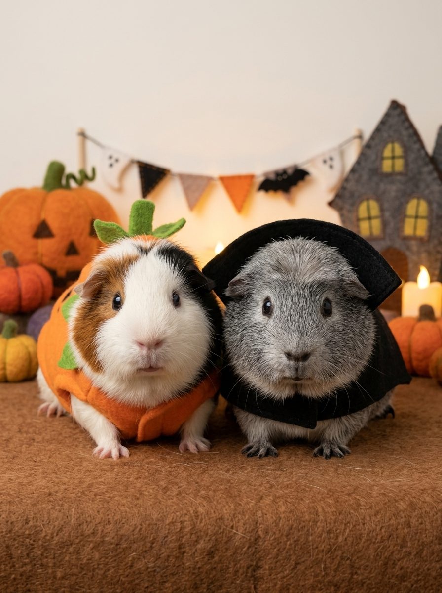 かぼちゃの着ぐるみのルルと、黒いマントのごまお。ハロウィンの飾りの中で