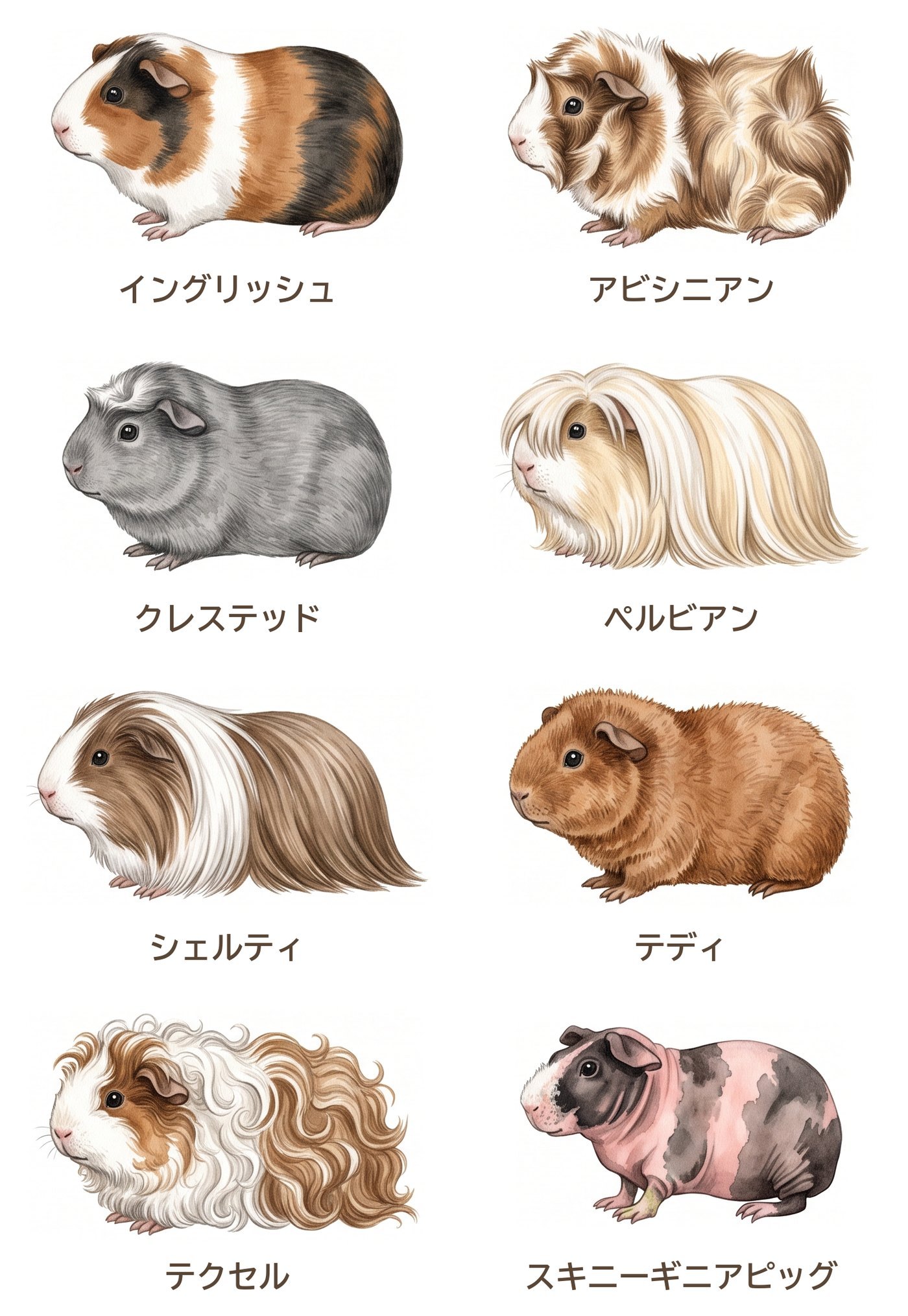 毛の違いで見る8種類のモルモットのイラスト(イングリッシュ、アビシニアン、クレステッド、ペルビアン、シェルティ、テディ、テクセル、スキニーギニアピッグ)