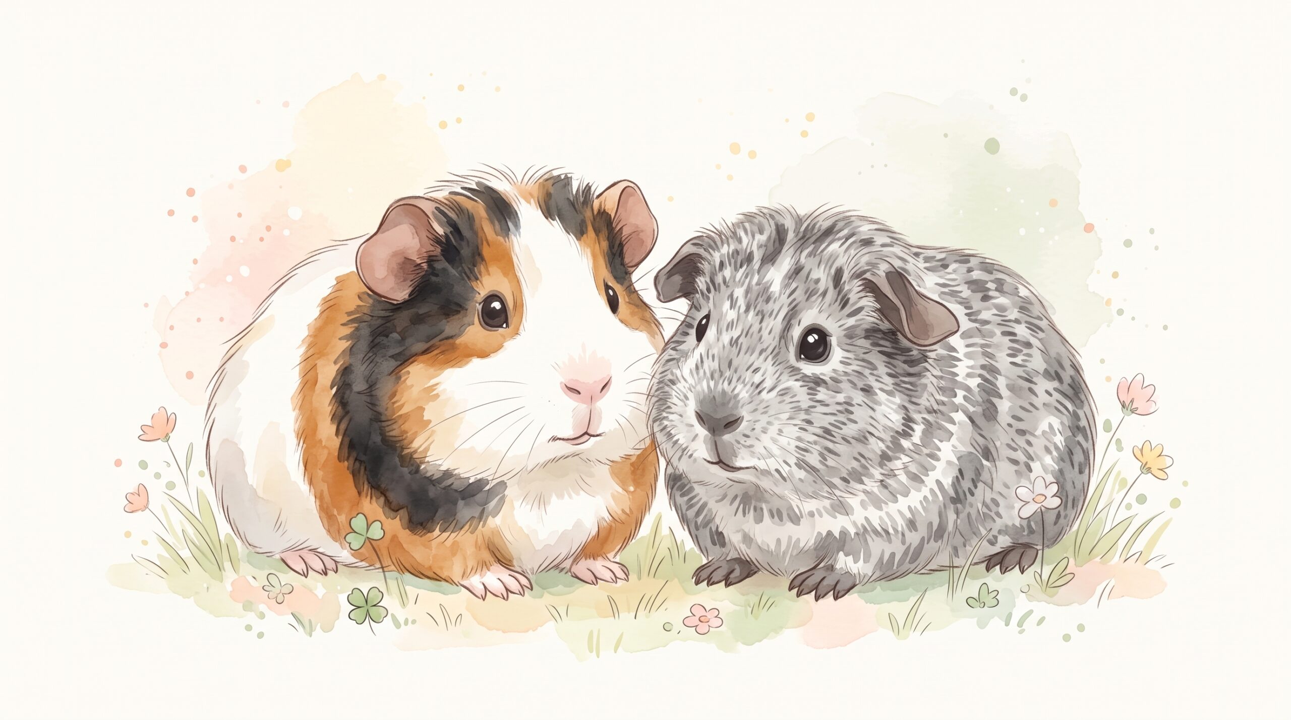 水彩で描かれた2匹のモルモット、ルルとごまお