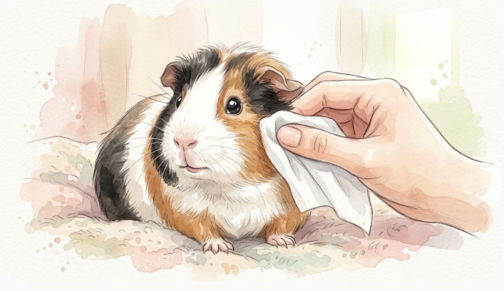 人の手がモルモットの顔をシートでやさしく拭いているイラスト