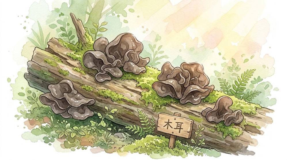 きくらげのイラスト。倒木に生えた、ふちが波打つ形