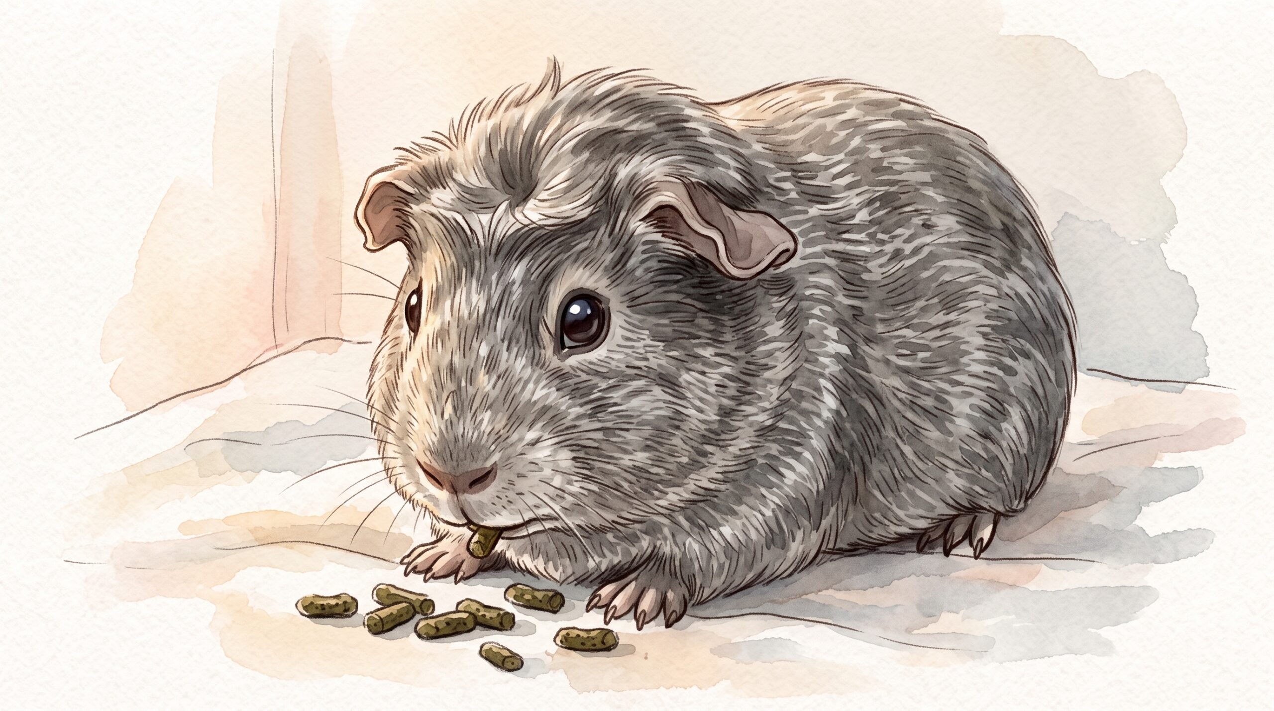 灰色のモルモットがペレットを食べているイラスト
