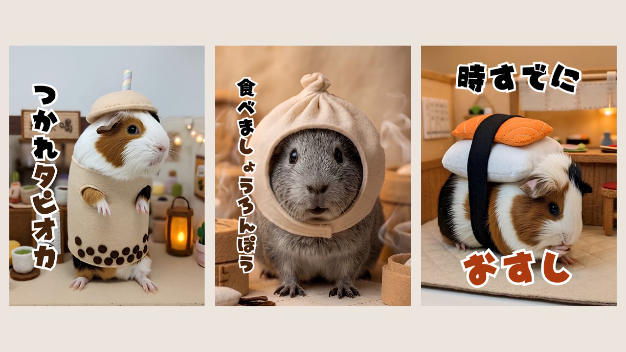 タピオカ、小籠包、お寿司の仮装をしたモルモットのLINEスタンプ(AIで生成した画像)