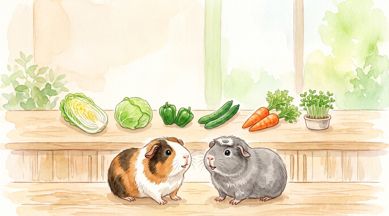 白菜、キャベツ、ピーマン、きゅうり、にんじん、豆苗が並ぶ台の前のルルとごまおのイラスト