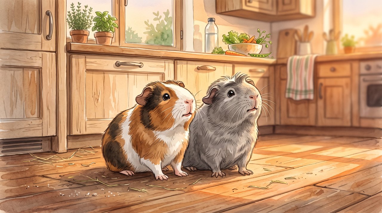 キッチンの床に並んで座り、上を見上げて待つルルとごまおのイラスト
