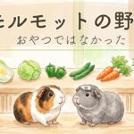 モルモットの野菜、おやつではなかった。野菜が並ぶ台の前のルルとごまおのイラスト
