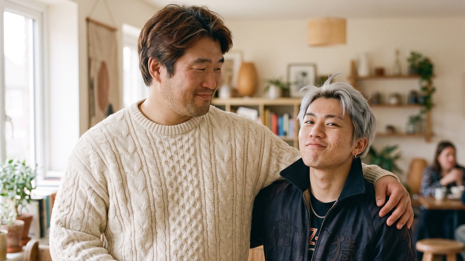 ルルとごまおを人間にたとえた、肩を組む二人のイメージ画像