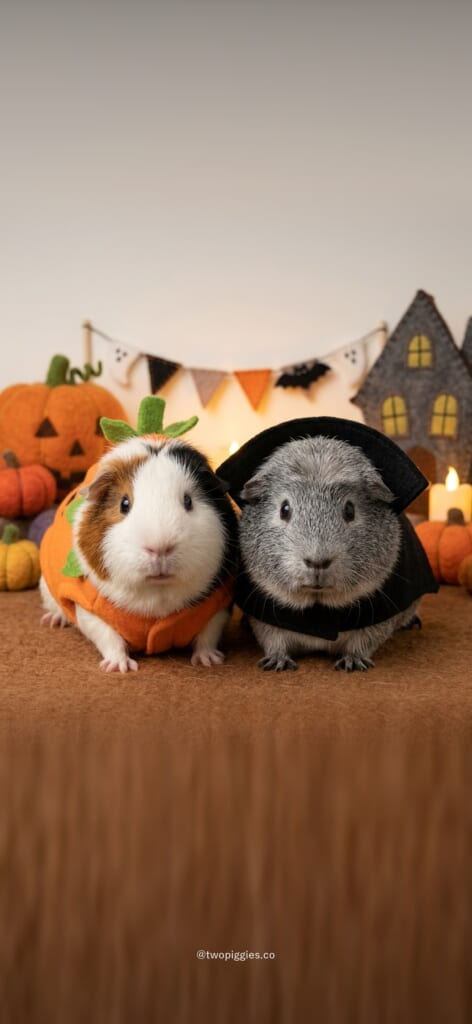 モルモットのルルとごまおの10月の待ち受け画像（ふたりでハッピーハロウィン）