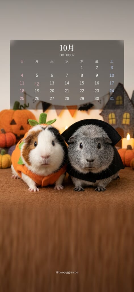 モルモットのルルとごまおの10月の待ち受け画像（10月のカレンダーつき）