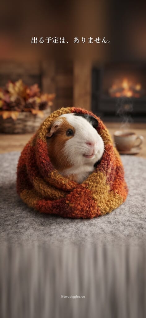 モルモットのルルとごまおの10月の待ち受け画像（ひとこと「出る予定はありません」）