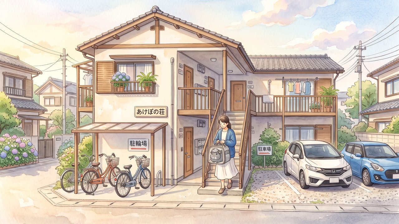 キャリーを持って病院へ向かう飼い主のイラスト(AIで生成した画像)