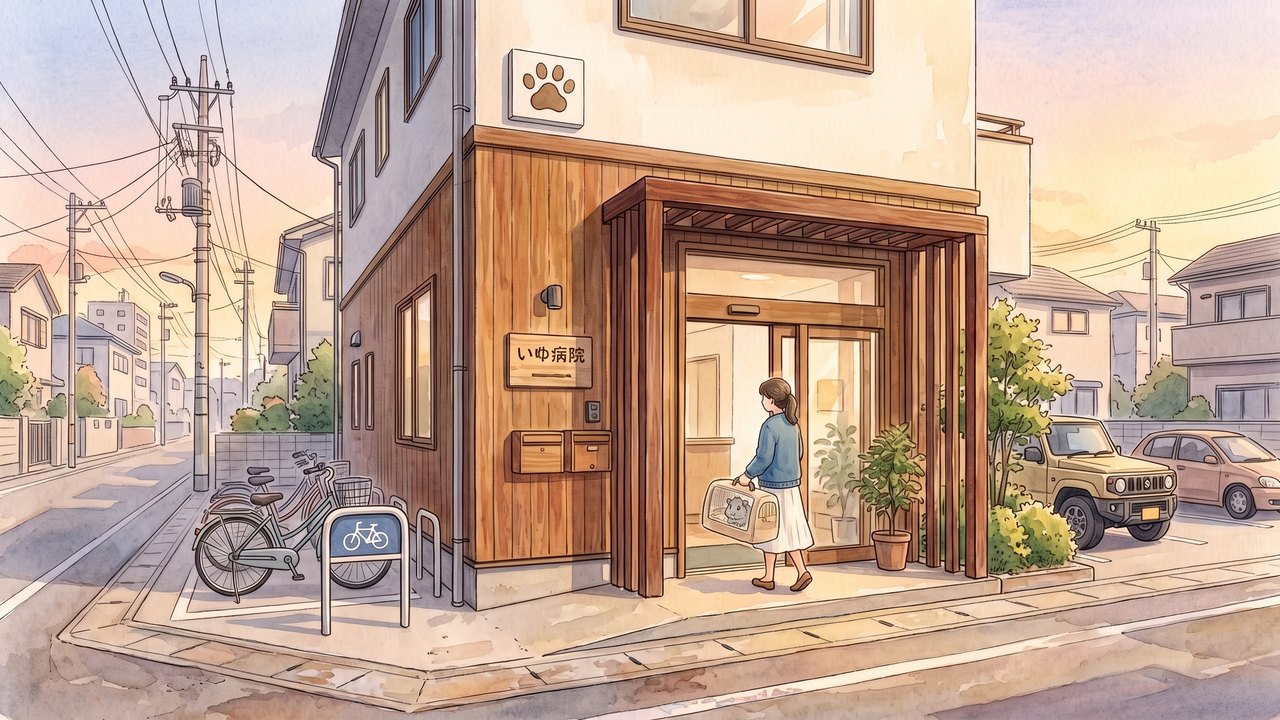 動物病院の入口に入る飼い主のイラスト(AIで生成した画像)