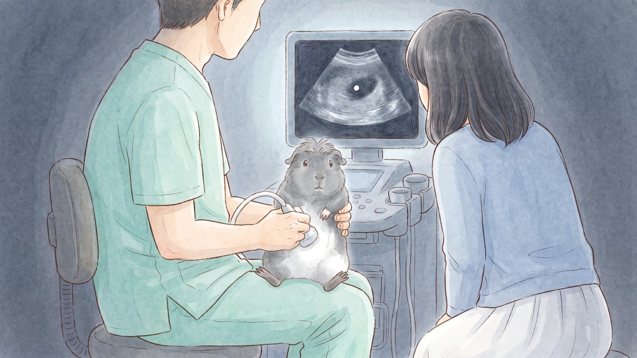 暗い部屋で先生がごまおのお腹に超音波の機械を当て、モニターに白い丸が映るイラスト(AIで生成した画像)