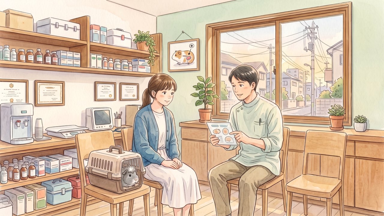 診察室で先生の説明を聞く飼い主のイラスト(AIで生成した画像)