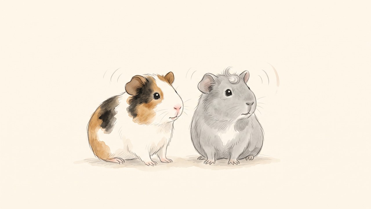 耳を立てて音を聞く2匹のモルモットのイラスト（AIで生成した画像）