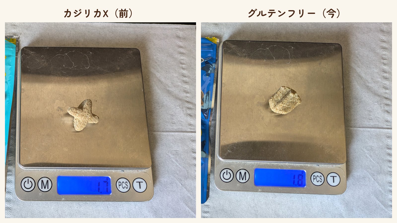 1個ずつはかりにのせた写真。カジリカXは1.7g、グルテンフリーは1.8g