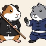 カンフー服のルルとごまおが向かい合うイラスト（AIで作成）