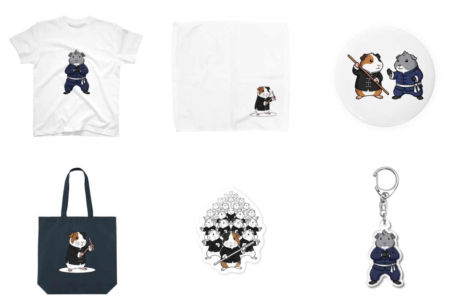 カンフーモルモットのTシャツ、ハンカチ、缶バッジ、トート、ステッカー、アクリルキーホルダーの見本