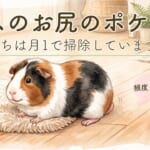 マットにお尻をこすりつける三毛のモルモットのイラストと「オスのお尻のポケット うちは月1で掃除しています」の文字（AI生成）