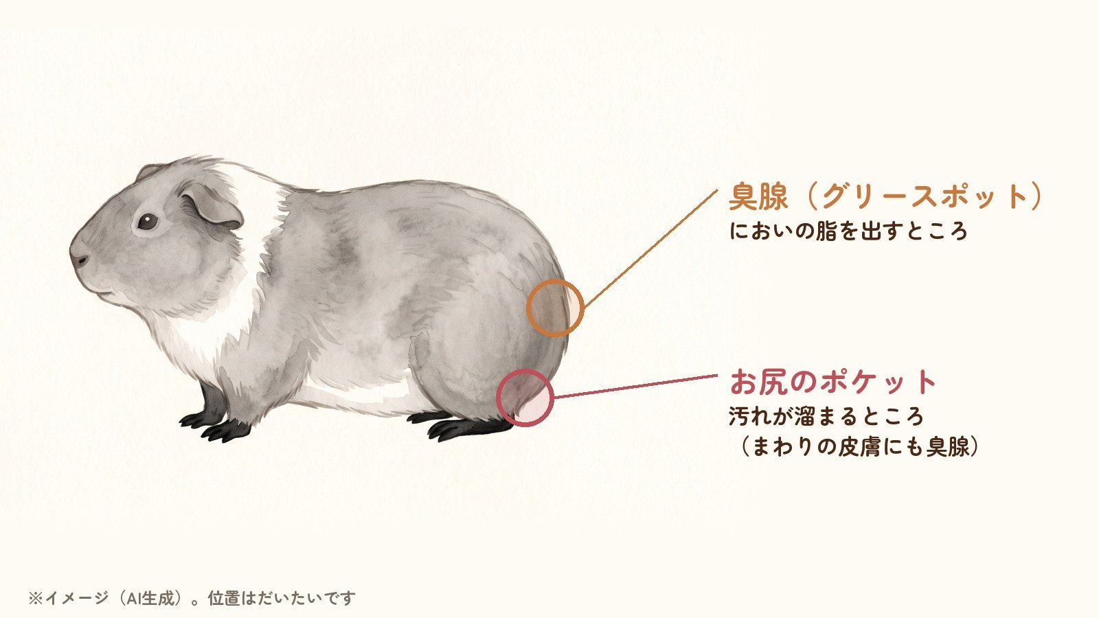 横向きのモルモットのイラストに、臭腺(腰のグリースポット)とお尻のポケットの位置を丸で示した図(AI生成)